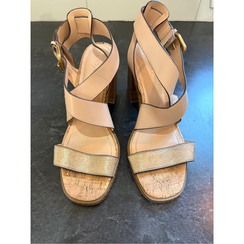 Coach Blush Leather Cross-Strap Sandals with Metallic Toe